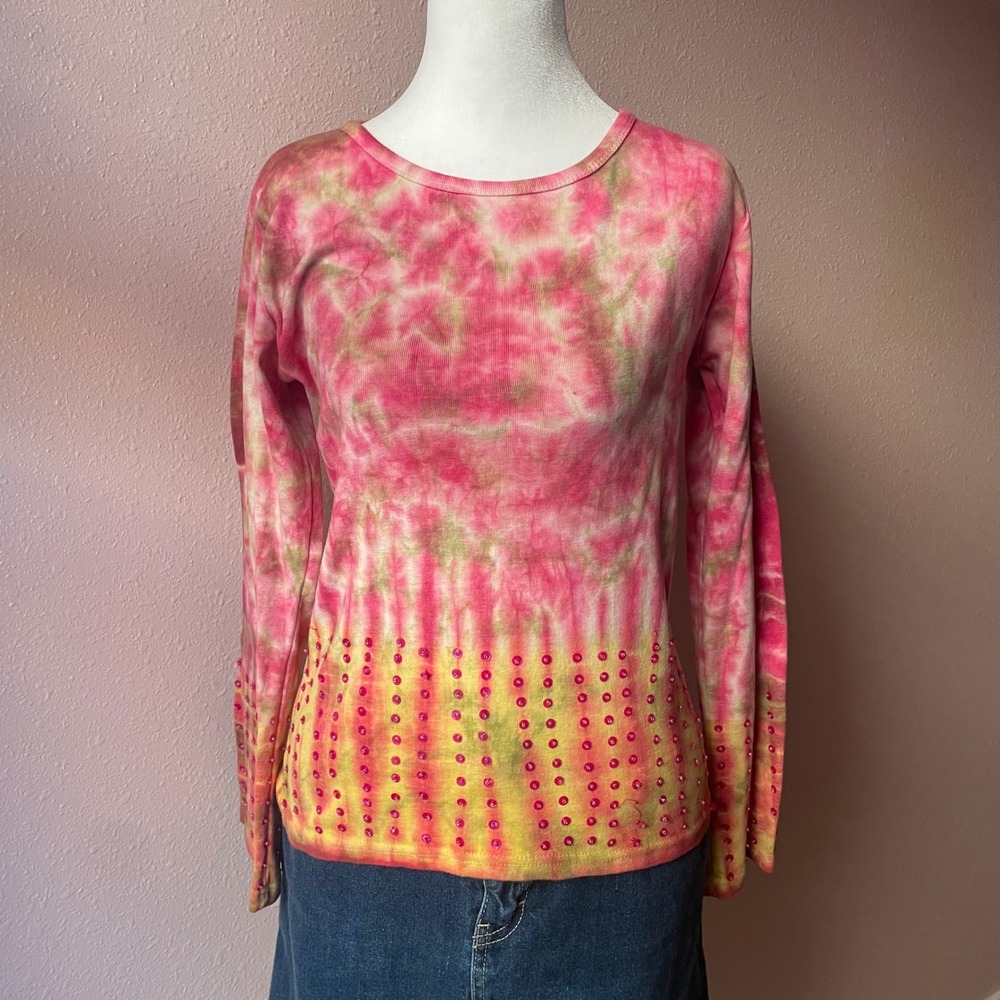 90s 2000s Boho Hippie Tie Dye Sequined Y2K Blouse‎